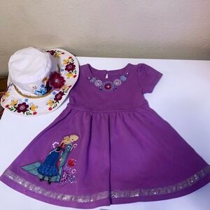 Disney Frozen Anna Elsa Purple Dress Top and White Floral Bucket Hat Girls 4T